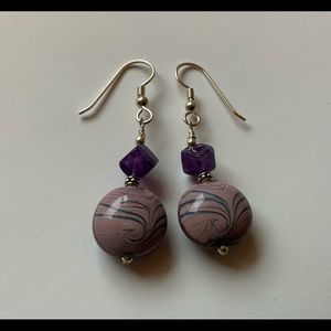 Amethyst and Lampwork Earrings with Sterling Silver Ear Wires